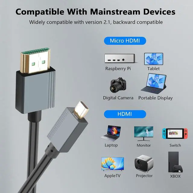 Alt view image 7 of 7 - 8K Micro HDMI to HDMI Cable, Ultra HD High Speed HDMI to Micro HDMI Coiled Cable 2.1 Support 8K 4K 3D and Dynamic HDR Up to 48Gbps, Compatible with Laptop Camera Monitor ect 3FT/0.9M