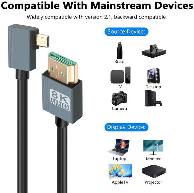 Alt view image 6 of 7 - 8K Right Angled Micro HDMI to HDMI Cable, 48Gbps High Speed 90 Degree Micro HDMI to HDMI Coiled Cable Support 8K@60Hz 4K@120Hz Dynamic HDR Compatible with Laptop Camera Monitor 3FT
