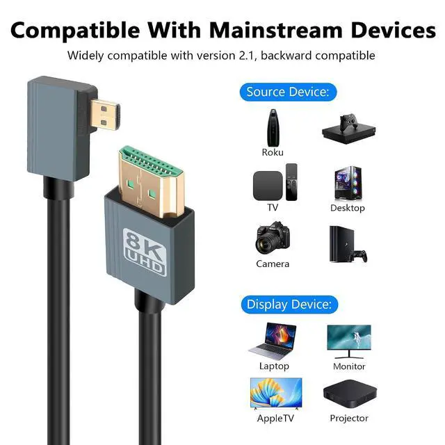 Alt view image 7 of 7 - 8K Left Angled Micro HDMI to HDMI Cable, 48Gbps High Speed 90 Degree Micro HDMI to HDMI Coiled Cable Support 8K@60Hz 4K@120Hz Dynamic HDR Compatible with Laptop Camera Monitor 3FT