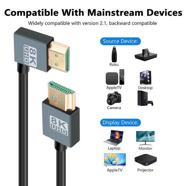 Alt view image 5 of 7 - 8K HDMI 2.1 Cable 3FT, 48Gbps Ultra High Speed HDMI 90 Degree Right Angle Cable Support 8K@60Hz 4K@120Hz Dynamic HDR Compatible with TV/HDTV