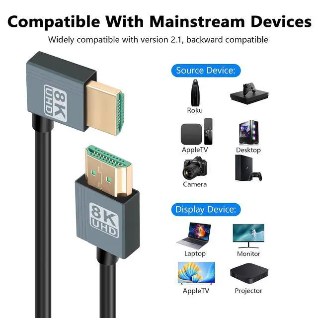 Alt view image 5 of 7 - 8K HDMI 2.1 Cable 3FT, 48Gbps Ultra High Speed HDMI 90 Degree Left Angle Cable Support 8K@60Hz 4K@120Hz Dynamic HDR Compatible with TV/HDTV