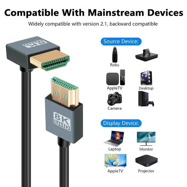 Alt view image 5 of 7 - 8K HDMI 2.1 Cable 3FT, 48Gbps Ultra High Speed HDMI 90 Degree Down Angle Cable Support 8K@60Hz 4K@120Hz Dynamic HDR Compatible with TV/HDTV