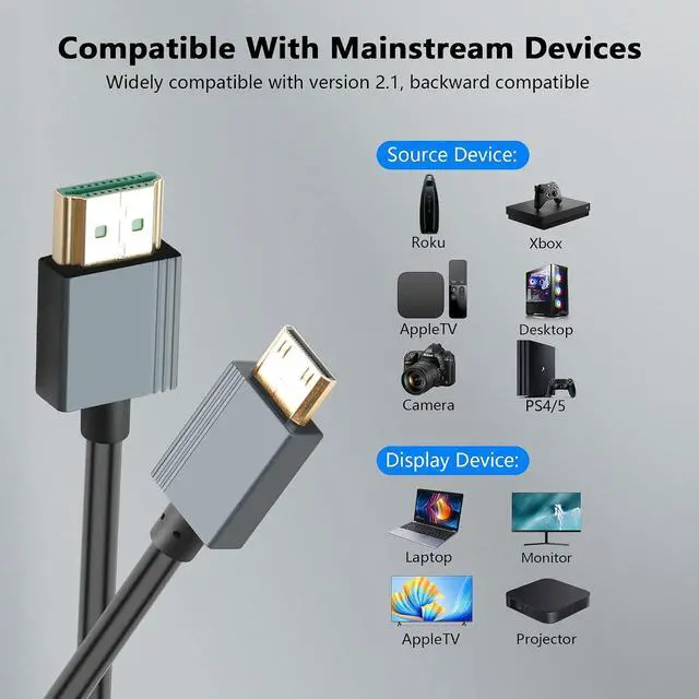 Alt view image 6 of 7 - 8K Mini HDMI to HDMI Cable, Ultra HD High Speed HDMI to Mini HDMI Coiled Cable 2.1 Support 8K 4K 3D and Dynamic HDR Up to 48Gbps, Compatible with TV, PC,Camera Monitors Projector ect 3FT/0.9M