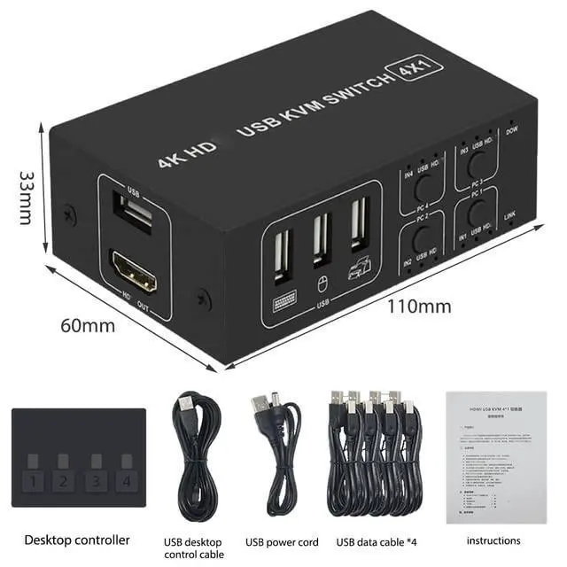 Alt view image 6 of 6 - 4 Ports HDMI KVM Switch 4K@30HZ/1080P@60HZ USB HDMI KVM Switcher 4 in 1 Out USB HDMI Share Monitor Mouse Keyboard Camera Printer W/Desktop Controller