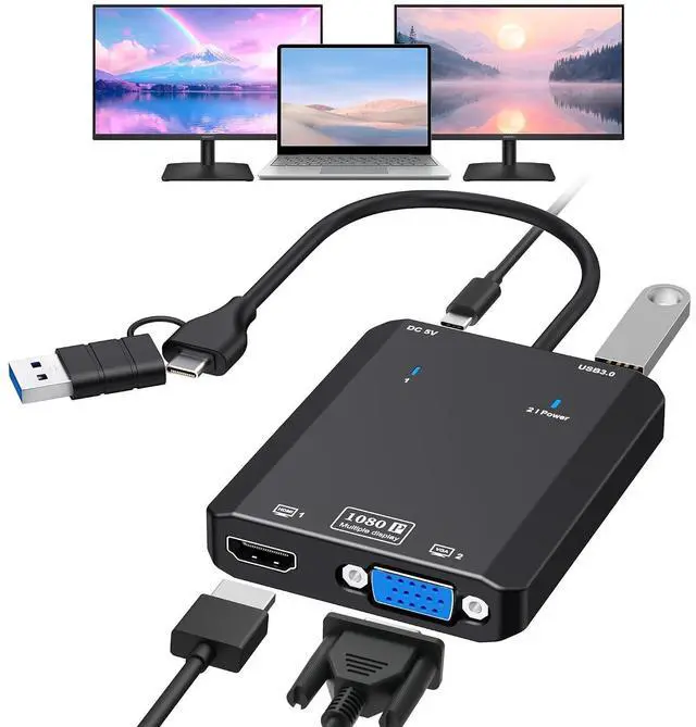 Main image of HDMI Splitter Extended Display for Dual Monitor, 1080p@60Hz USB A or USB-C to HDMI Vga Adapter for Extended Display of Laptop Monitor Desktop TV, Mac OS Windows Android