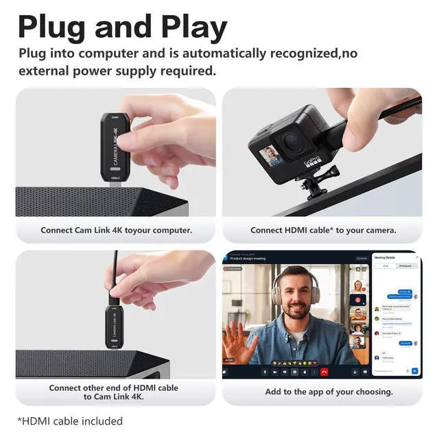 Alt view image 3 of 7 - Cam Link 4K External Capture Card for DSLR Camcorder ActionCam as Webcam, HDMI to USB 3.0, Meet/Stream/Record in 4K60/1080p120, Easy Connect for OBS/Zoom, Windows/Mac