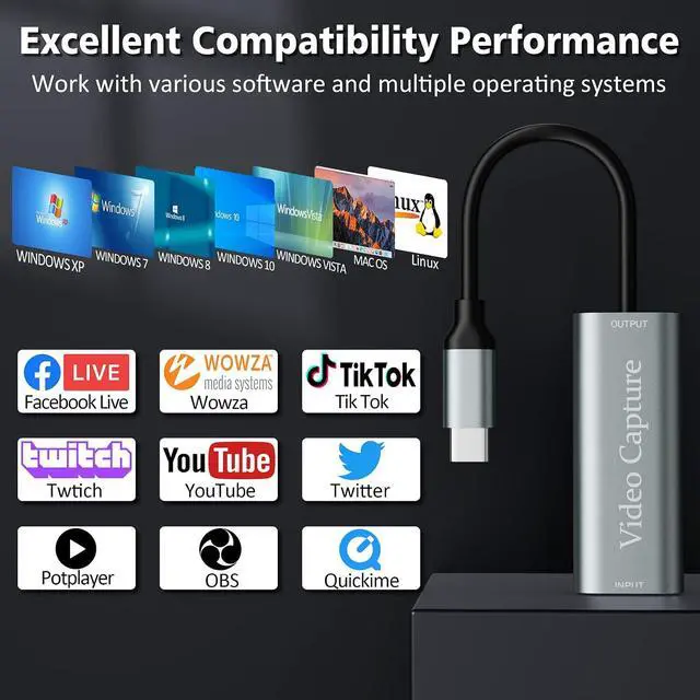 Alt view image 6 of 7 - Video Capture Card, USB3.0 HDMI to USB C Capture Card, 4K 1080P 60FPS, Video Recording Card for Gaming Live Streaming, for Windows/Mac OS System with USB C Adapter to Adjust PS4, Switch, Xbox