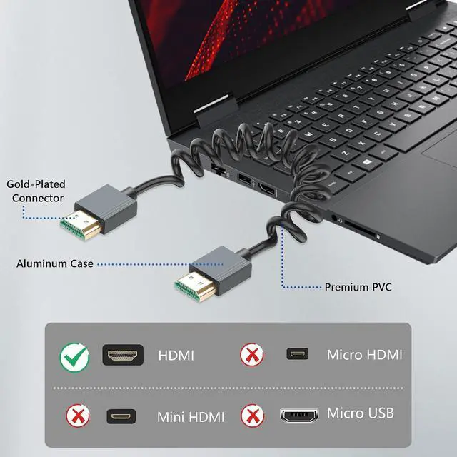 Alt view image 2 of 7 - 8K HDMI Coiled Cable, Ultra HD High Speed HDMI to HDMI Coiled Cable 2.1 Support 8K 4K 3D and Dynamic HDR Up to 48Gbps, Compatible with TV, PC,Camera Monitors Projector ect 3FT/0.9M