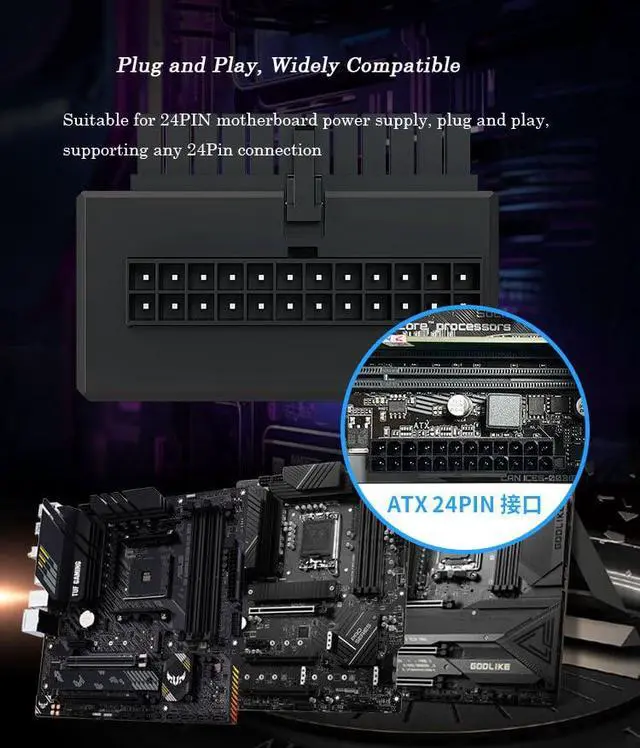 Alt view image 7 of 7 - ATX 24 Pin 90 Degree Adapter ARGB 24Pin Power Supply Adapter Computer Motherboard 24 Pin Female to Male Connector (Black)