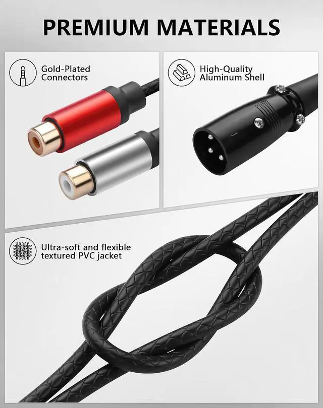 Alt view image 3 of 7 - XLR Male to 2 RCA Female Y Splitter Audio Cable, 1FT Balanced 1 XLR Female to Unbalanced Dual RCA Male Y Adapter Cord for Speaker Condenser Mic Mixer AMP