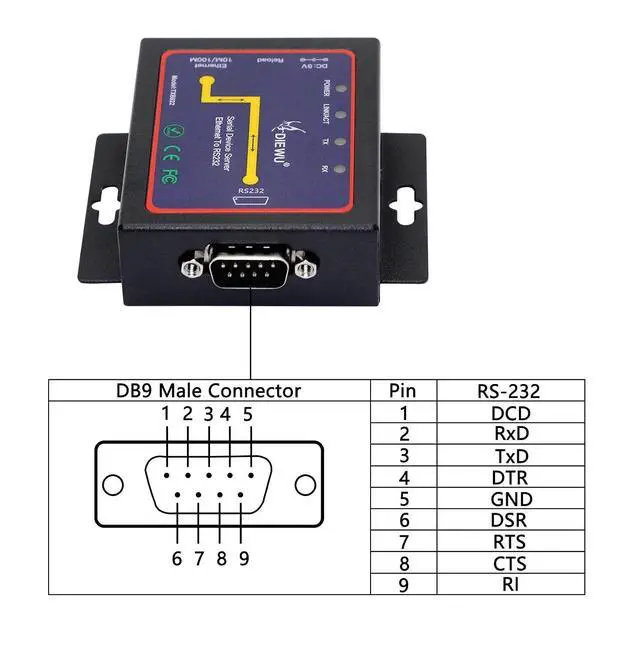 Alt view image 3 of 7 - RS232 to Ethernet Serial Device Server, 1 Port RS 232 DB9 Serial to Ethernet TCP IP Device Server Converter