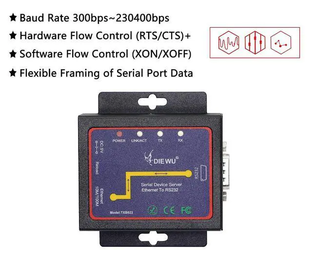 Alt view image 5 of 7 - RS232 to Ethernet Serial Device Server, 1 Port RS 232 DB9 Serial to Ethernet TCP IP Device Server Converter