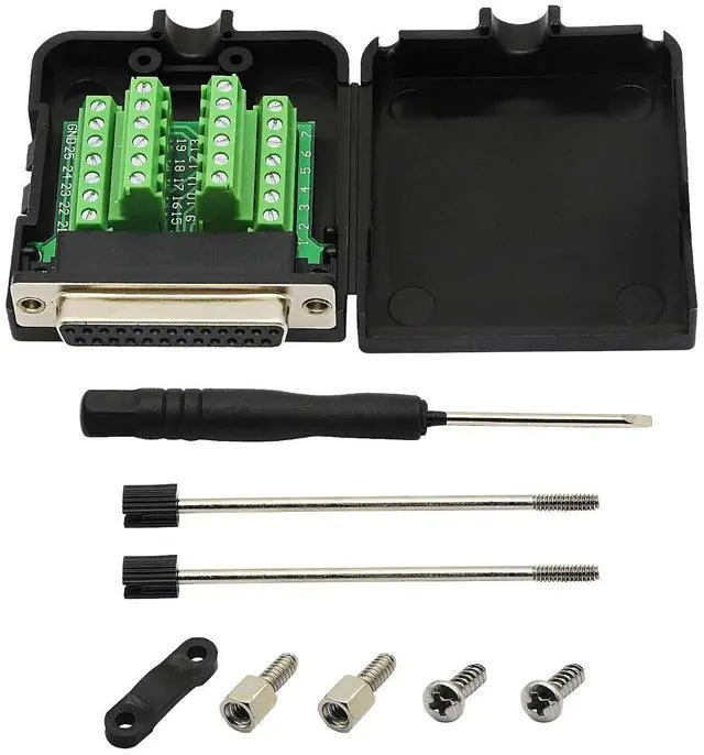 Main image of DB25 Breakout Board, DB25 Female D-SUB Connector to DB25 Screw Wiring Solderless Terminal Module Breakout PCB Board Kits with Plastic Case (F Black)