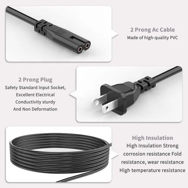 Alt view image 3 of 6 - 2 Prong TV Power Cord Compatible with Samsung LG TCL Sony Toshiba Dell Apple TV Insignia Sharp JVC Hisense Ps2 Ps3 Ps4 Epson Printer LED LCD Smart 1080p HDTV, 6 Ft AC Cable