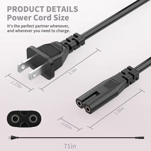 Alt view image 6 of 6 - 2 Prong TV Power Cord Compatible with Samsung LG TCL Sony Toshiba Dell Apple TV Insignia Sharp JVC Hisense Ps2 Ps3 Ps4 Epson Printer LED LCD Smart 1080p HDTV, 6 Ft AC Cable