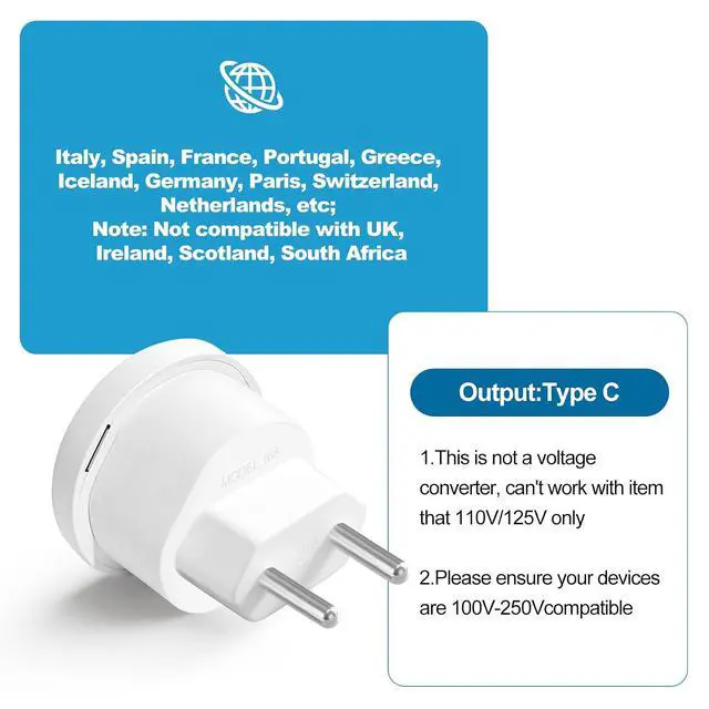 Alt view image 2 of 6 - European Travel Plug Adapter, Type C International Power Adaptor to Italy Spain France Portugal Iceland Germany, Europe Vocation Essentials 3-Packs