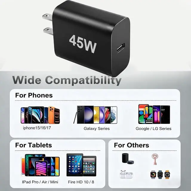 Alt view image 7 of 7 - USB-C Wall Charger 2-Pack,45W Fast Charger with 6FT C to C Cable for iPhone 16/17, Switch