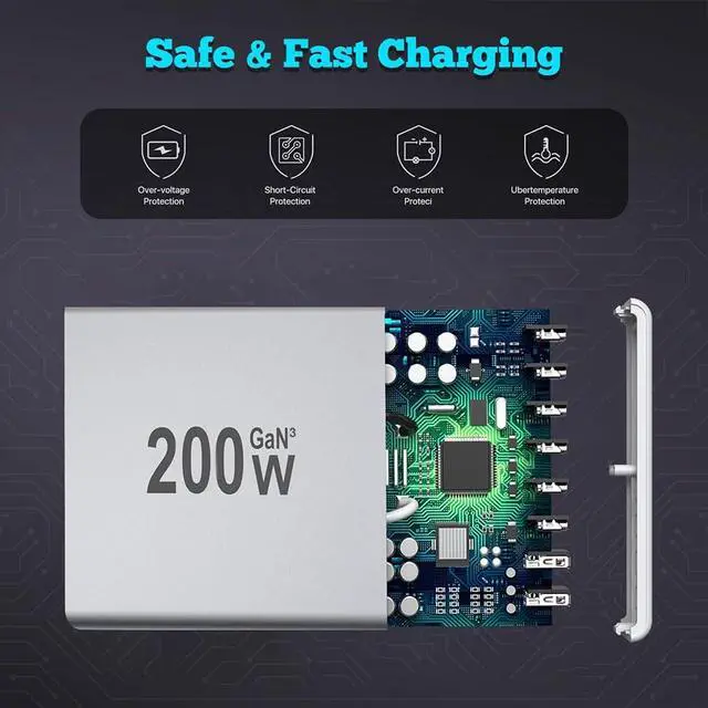 Alt view image 5 of 6 - USB C Charger Block, 200W 6 Port Type C Charging Station Hub Block Cube, Wall Charger Adapter Plug for iPad iPhone 17 16 15 14 13 12 Pro Max Pixel Note Galaxy, More. (Silver, 3a3c)