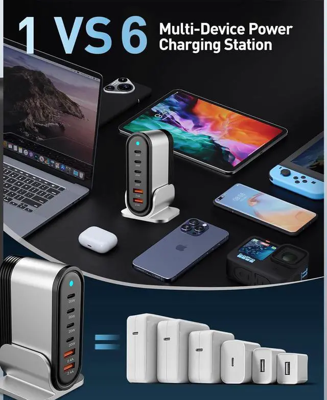 Alt view image 2 of 7 - USB C Fast Charger : 6 Port Desktop Multiple Devices Power Adapter for Laptop MacBook Pro/Air, DELL, Tablet iPad Pro/Air, iPhone 16/15/14, Galaxy S23/22