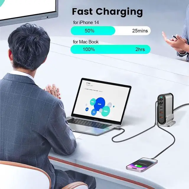 Alt view image 3 of 7 - USB C Fast Charger : 6 Port Desktop Multiple Devices Power Adapter for Laptop MacBook Pro/Air, DELL, Tablet iPad Pro/Air, iPhone 16/15/14, Galaxy S23/22
