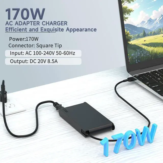 Alt view image 4 of 7 - 6FT IEC C5 Power Cord + 170W Laptop Charger Bundle, Square Yellow Tip Power Adapter for Lenovo ThinkPad P Series