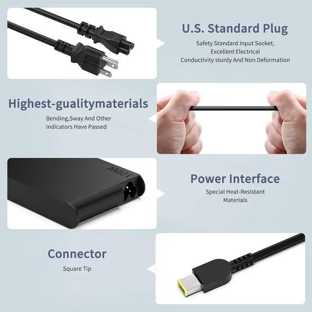 Alt view image 6 of 7 - 6FT IEC C5 Power Cord + 170W Laptop Charger Bundle, Square Yellow Tip Power Adapter for Lenovo ThinkPad P Series