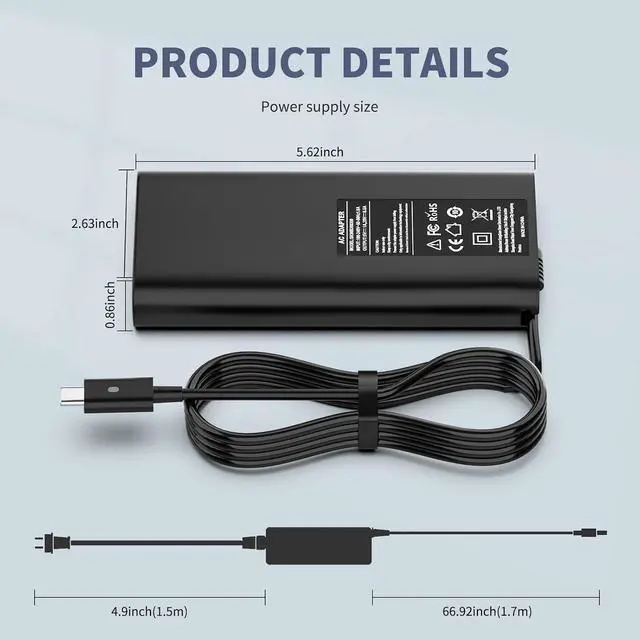 Alt view image 6 of 6 - 130W USB C Laptop Charger Compatible with Dell XPS 15 17 2in1 9520 9720 9710 9700 9575 9500 9510 9530; Compatible with Precision 5570 5560 5550 5510 5470 3571 3561 3560 3541 Power Supply Cord