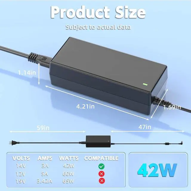 Alt view image 6 of 6 - 14V 3A 42W Monitor Power Adapter Compatible with Samsung 15-32 Inch Displays, Replacement Power Supply Cord with 106-Inch Long Cable, 6.5x4.4mm 90 Degree Angled Tip