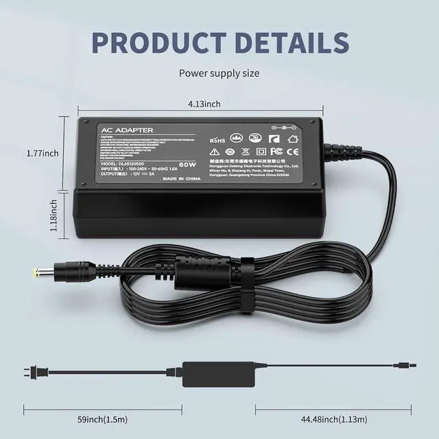 Alt view image 5 of 6 - 12V AC Power Cord Charger for Dell Monitor 27" 24" 23" 22" 21.5" Screen S2316H S2316M S2318HN S2318NC S2340L S2340LC 2240TB S2340M S2340MC S2440L S2240LC S2740L S2740LB Monitor Power Supply Cord