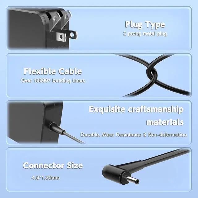 Alt view image 5 of 7 - 45W Charger for ASUS Vivobook Zenbook, 19V 2.37A 4.0mm Tip AC Adapter, Foldable Plug, Replacement for Chromebook UX305 X540 S200 C202SA