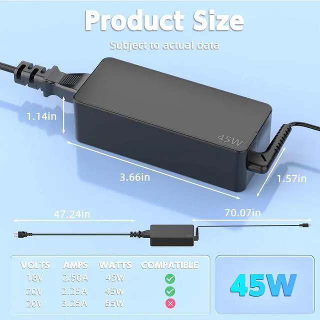 Alt view image 6 of 6 - 45W Type USB C Charger Compatible with Acer Chromebook N16Q10, N16Q12, N17Q5, N17Q8, N17Q9, N17Q10, N18Q1, N18Q2, N18Q3, N18Q5, N15Q13, A18-045N1A, A16-045N1A Type C Laptop Power Supply Cord