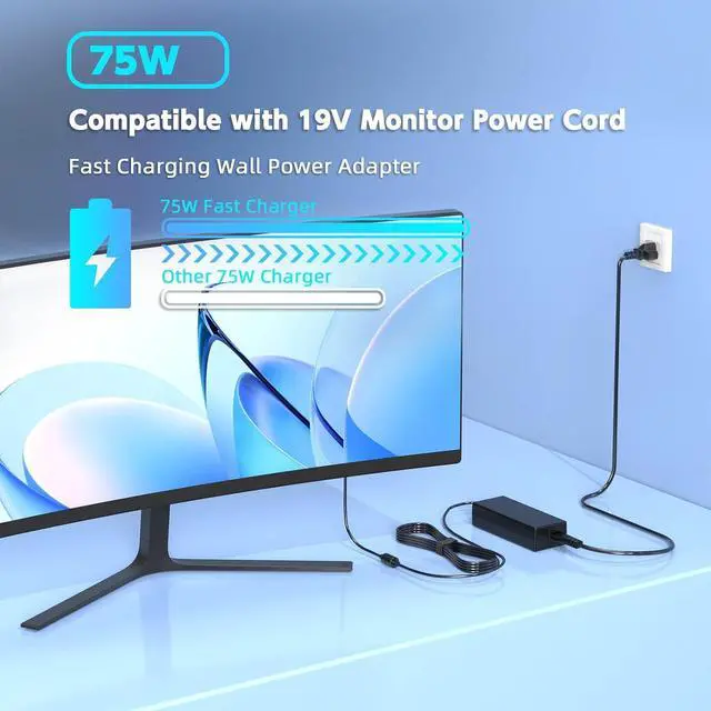 Alt view image 5 of 6 - 19V Power Supply Compatible with Asus Monitor 27 24 23 22 inch VX238H, VX238H-W, VX228, VX228H, VX248, VX248H, MX279H, VX239H, VX279H, VX229H, MX239H, LS248H, VG278Q Gaming Monitor Power Cord