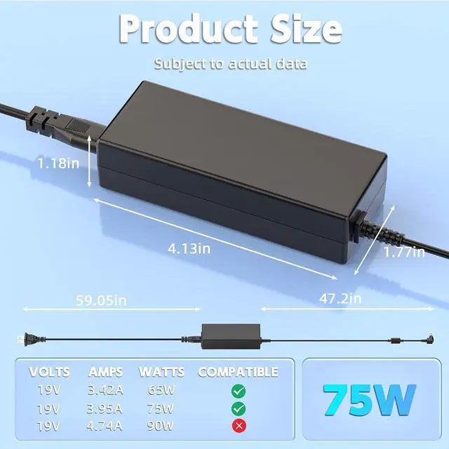 Alt view image 6 of 6 - 19V Power Supply Compatible with Asus Monitor 27 24 23 22 inch VX238H, VX238H-W, VX228, VX228H, VX248, VX248H, MX279H, VX239H, VX279H, VX229H, MX239H, LS248H, VG278Q Gaming Monitor Power Cord