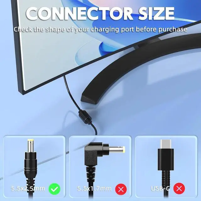 Alt view image 2 of 6 - 60W 12V 5A AC Power Adapter Compatible with S-Series Monitor, 5.5x2.5mm Tip, 8.6ft (103.5in) Extra Long Power Cord Replacement