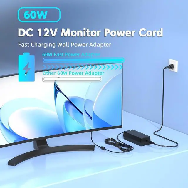 Alt view image 5 of 6 - 60W 12V 5A AC Power Adapter Compatible with S-Series Monitor, 5.5x2.5mm Tip, 8.6ft (103.5in) Extra Long Power Cord Replacement