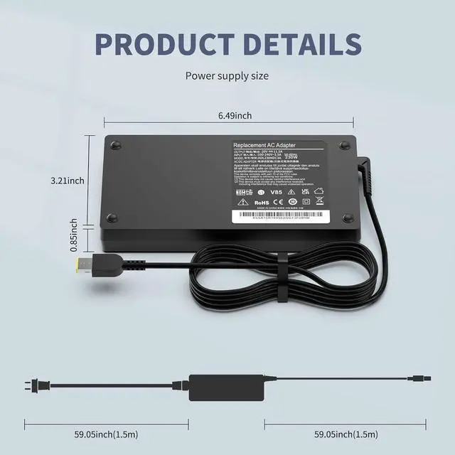 Alt view image 5 of 6 - 230W AC Adapter Charger Compatible with Lenovo Legion 5 7 5P C7 S7 Y530 Y540 Y545 Y700 Y720 Y730 Y740 R720 Y900 Y910 Y7000; 4X20E75111 GX20L29347 ADL230NLC3A ADL230NDC3A Power Adapter Supply
