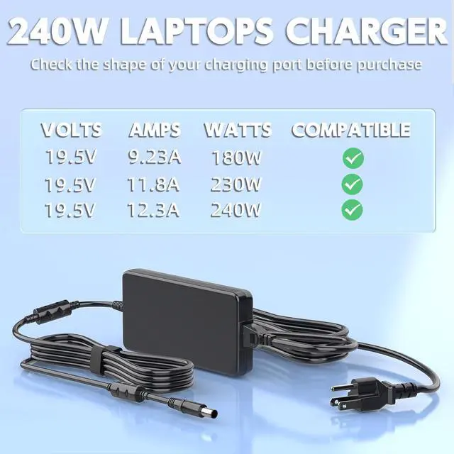Alt view image 3 of 7 - 240W Laptop Charger Compatible with Dell G Series G3 G5 G7 G15 G16 3579, 5500, 5587, 5590, 7500, 7588, 7590, 7700, 7790, 5510, 5511, 5515, 5520, 5525, 5530, 5535, 7620 Power Supply Adapter Cord