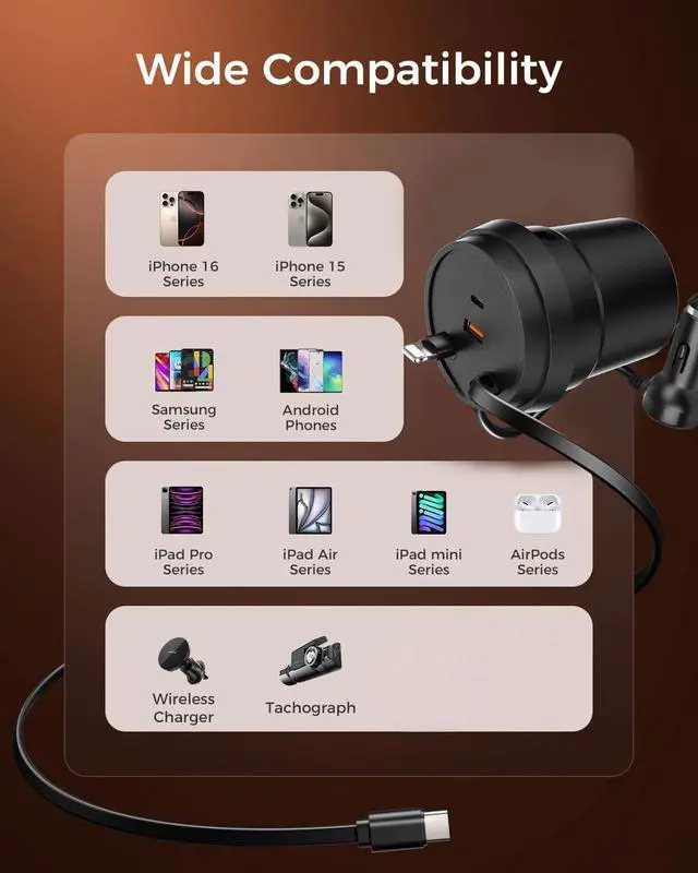 Alt view image 7 of 7 - i Phone 17 16 Retractable Car Charger,Cars Adapter USB C Fast Charger,4 in 1 Car AccessoriesChristmas for Gifts for Men Women,Compatible with iPhone 17 16 15/15 Pro Max/14/13/12/11,Galaxy,Pixel