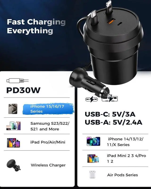 Alt view image 4 of 7 - i Phone 17 16 Retractable Car Charger,Cars Adapter USB C Fast Charger,4 in 1 Car AccessoriesChristmas for Gifts for Men Women,Compatible with iPhone 17 16 15/15 Pro Max/14/13/12/11,Galaxy,Pixel