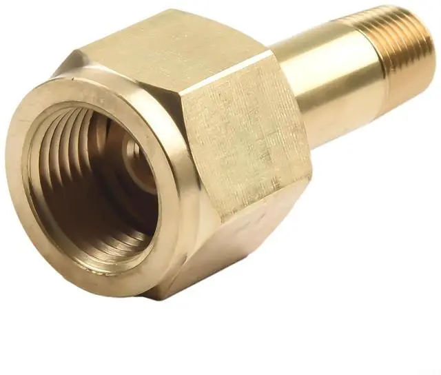 Main image of CGA-320 Carbon Dioxide Regulator Inlet Nut & 2" Nipple with Washer, Brass Gas Cylinder Connector for Tank, 1/4" NPT Male x 0.830-14 RH Female, Gold