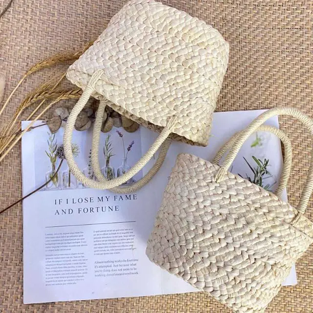 Alt view image 7 of 7 - Summer Handmade Small Woven Bag Corn Husk Handbag Basket Straw Rattan Bag Parent-Child Children Straw Rattan Purse