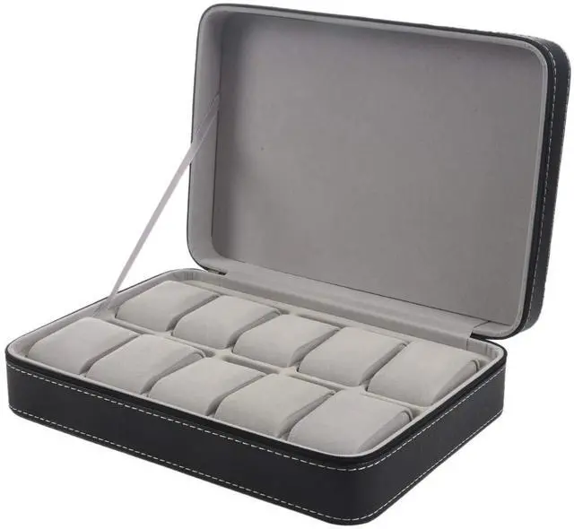 Main image of Portable Watch Box Organizer PU Leather Casket with Zipper Classic Style 10 Grids Multi-Functional Bracelet Display Case