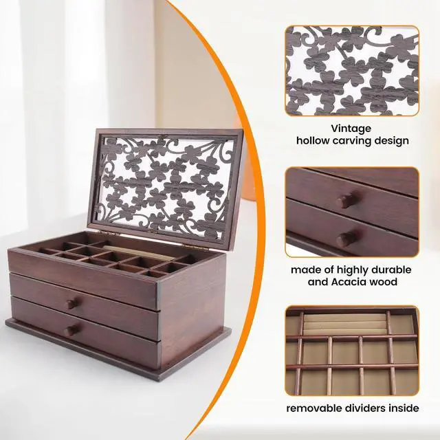 Alt view image 2 of 7 - Vintage Carved Wooden Jewelry Box,Drawer-Style Large-Capacity Jewelry Storage Box,Dressing Table Bracelet Jewelry Box
