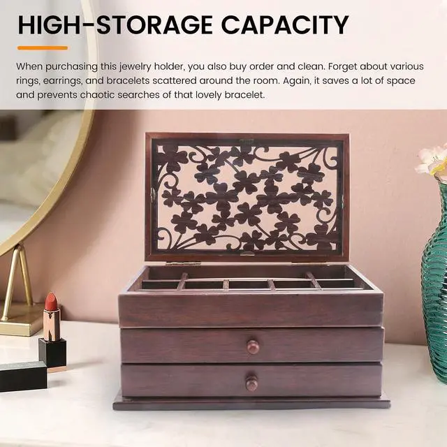 Alt view image 4 of 7 - Vintage Carved Wooden Jewelry Box,Drawer-Style Large-Capacity Jewelry Storage Box,Dressing Table Bracelet Jewelry Box