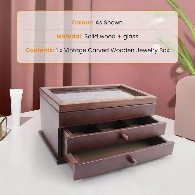 Alt view image 3 of 7 - Vintage Carved Wooden Jewelry Box,Drawer-Style Large-Capacity Jewelry Storage Box,Dressing Table Bracelet Jewelry Box