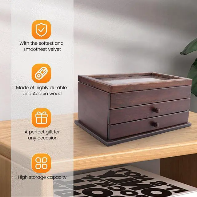 Alt view image 5 of 7 - Vintage Carved Wooden Jewelry Box,Drawer-Style Large-Capacity Jewelry Storage Box,Dressing Table Bracelet Jewelry Box