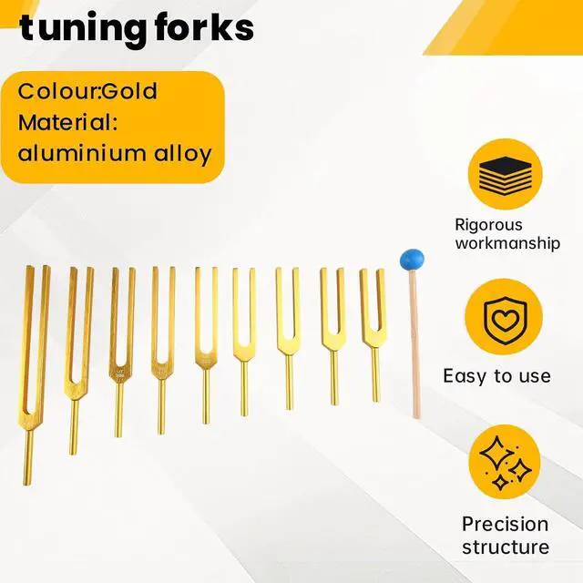Alt view image 7 of 7 - Tuning Forks Chakra Set, 174Hz/285Hz/396Hz/417Hz/528Hz/639Hz/741Hz/852Hz/963Hz,for Healing Chakra,Sound Therap Gold