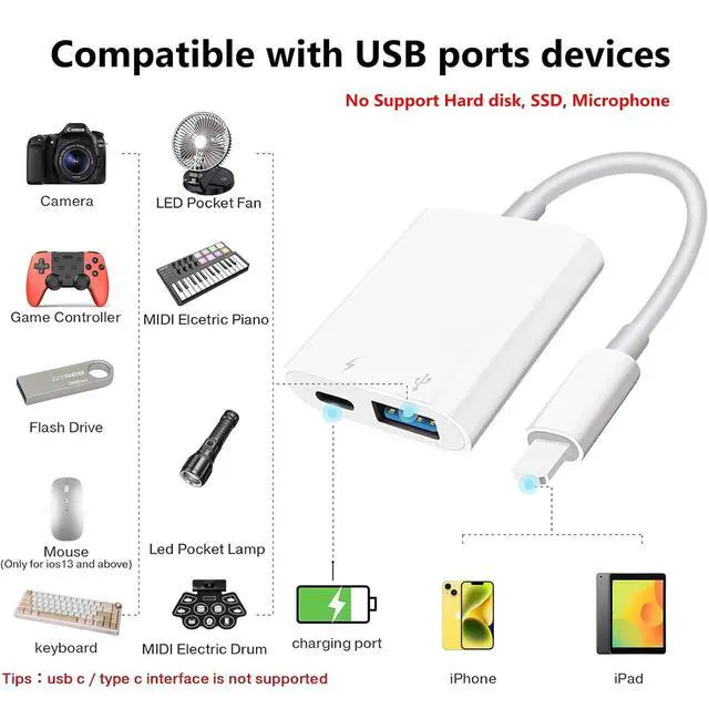 Alt view image 2 of 7 - Lightning to USB Camera Adapter with Charging Port for iPhone Portable USB 3.0 Female OTG Cable for iPad to Connect Card Reader USB Flash Drive U Disk Microphone Keyboard Mouse Hubs Midi