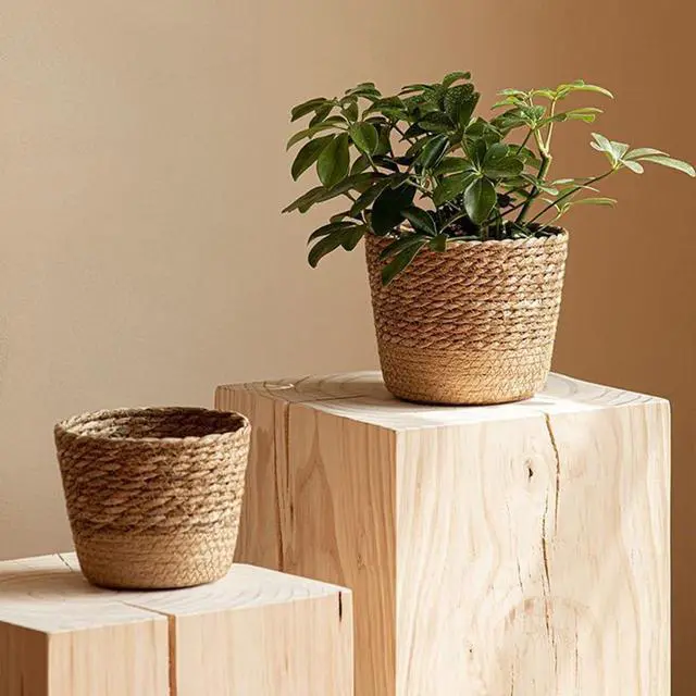 Alt view image 5 of 6 - Straw Weaving Flower Plant Pot Wicker Basket Rattan Flowerpot Storage Basket Handmade Woven Planter Basket Easy Install M