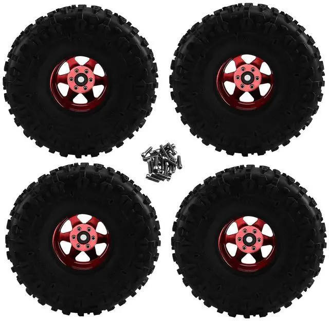 Main image of 4pcs 122mm 1.9 Inch Metal Beadlock Wheel Rim Rubber Tire Set for 1/10 RC Crawler Car TRX4 D90 D110 SCX10 Red